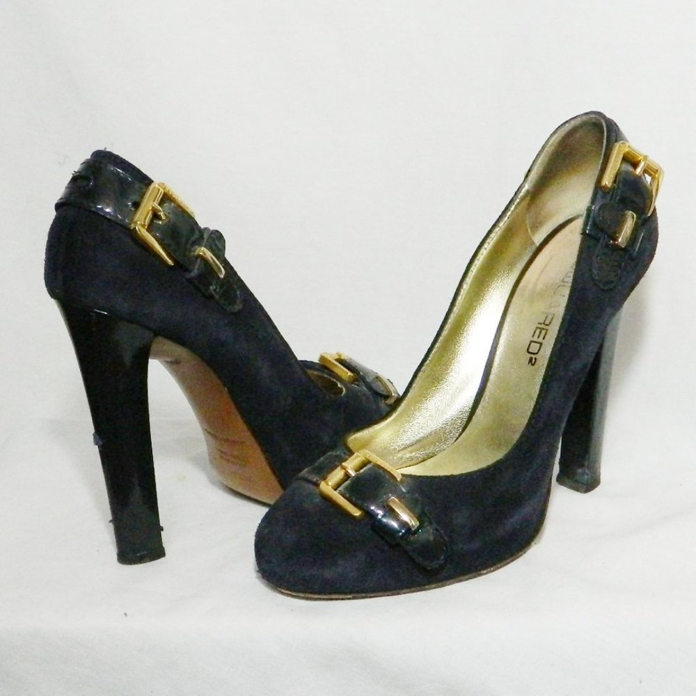 DSQUARED Black Suede Patent Buckle Pumps Sz 38.5